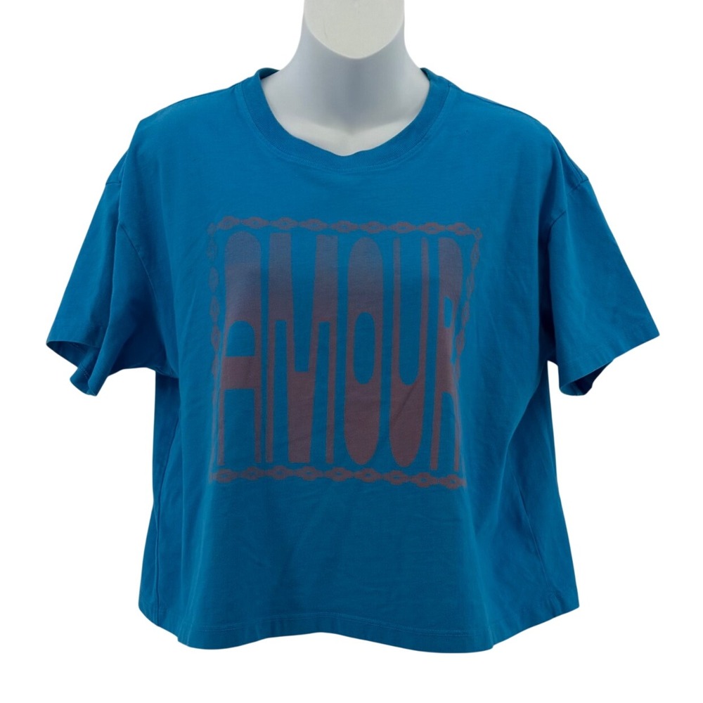 Mother Amour Cotton Blue Graphic T-Shirt Women Large Boxy Cropped Tee